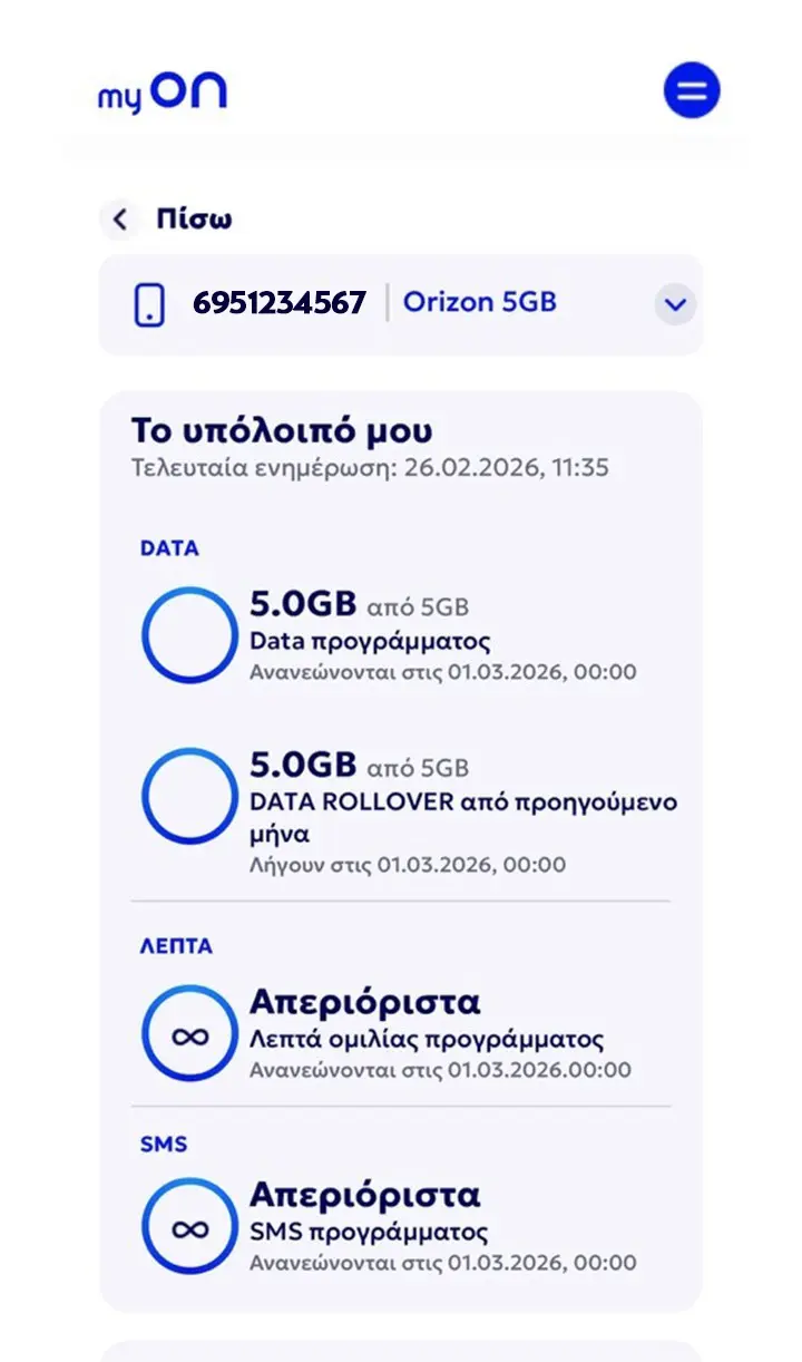 Οθόνη υπολοίπου δεδομένων, λεπτών ομιλίας και SMS στην εφαρμογή myON της Orizon.